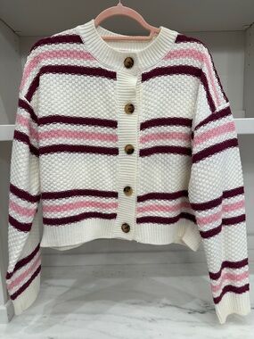 PinknLily small cream Striped Button-Front Sweater Cardigan.  Like new